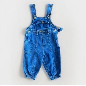 Vintage Baby Bibs 12/18 M Happy Kids Toddler Denim Overalls Snap Bottom Blue